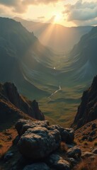 Poster - Majestic Valley Vista at Dawn: Rugged Cliffs, Green Meadow, and Sun Rays