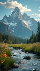 Poster - Mountain stream flows through a serene landscape with wildflowers, evergreen forest, and a towering snow-capped mountain peak.