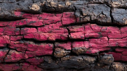 Poster - Charred wood bark red texture, detailed macro close, up view of tree burned scratched cork background