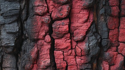 Poster - Charred wood bark red texture, detailed macro close, up view of tree burned scratched cork background