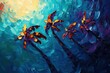 © Aether Pixels - Impressionistic Palm Trees Painting with Textured Strokes and Vibrant Colors from a Low Angle Perspective