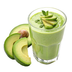 Poster - Refreshing avocado smoothie in glass garnished with avocado slices and mint leaves, accompanied by fresh avocado slices on side