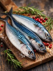 Poster - Fresh Mackerel Fish on Wooden Cutting Board Garnished With Herbs and Berries for a Delightful Seafood Meal Preparation