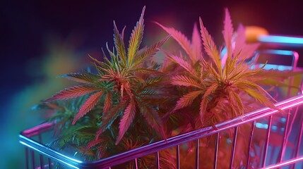 Fototapete - Cannabis small leaves and shoots placed in a shopping cart, neon colorful background