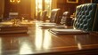 © Muhammad - Law office conference table filled with open case files warm golden lighting polished wooden surfaces