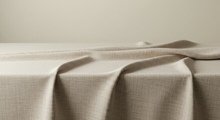 Poster - Elegant beige linen fabric draped over a surface creating soft folds and shadows