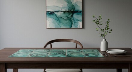 Poster - Elegant dining room table setting with abstract art and modern minimalist decor