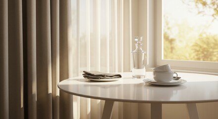 Poster - Elegant minimalist interior with table setting illuminated by soft natural light