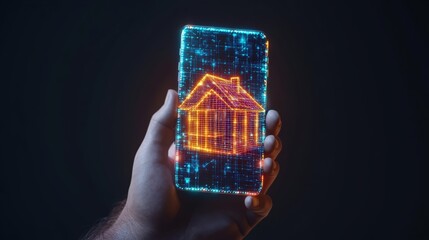 Poster - A hand holds a smartphone displaying a glowing holographic house illustration against a dark background.
