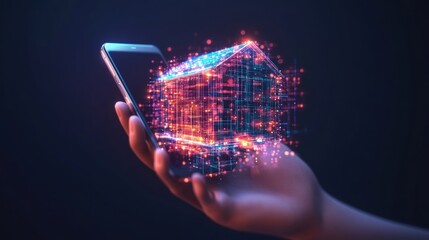 Poster - Hand holds smartphone displaying holographic house concept with digital connection and network online.