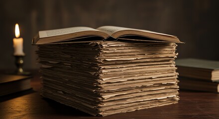Fototapete - Old Book Stack on Table with Candlelight