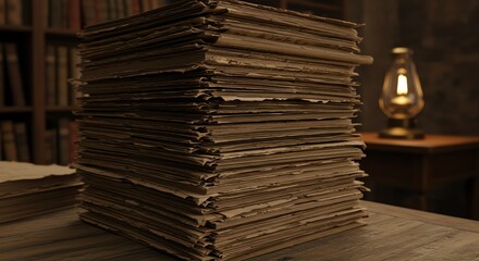 Fototapete - Stack of Papers in a Library Setting