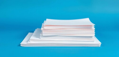 Wall Mural - Neat stack of white paper sheets on a blue background, backdrop,  office supplies