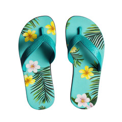 Vibrant Summer Flip Flops with Tropical Floral Design and Green Palm Leaves for Beach and Vacation Relaxation