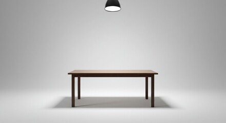 Poster - Minimalist studio setting featuring a wooden table with a hanging lamp above