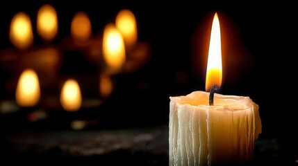 Poster - Candle glowing softly with an additional candle in the background portraying calmness and serenity in dim light