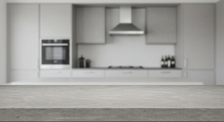 Poster - Modern kitchen interior with a concrete countertop and blurred background.