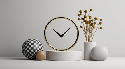 Poster - A clock and vases on a table representing a zero-clutter advisory concept of clean and confident decision making