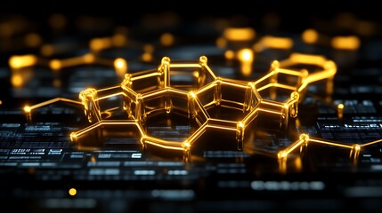 Wall Mural - A glowing golden molecular structure rendered against a dark backdrop