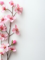 Poster - Delicate pink cherry blossoms on a branch against a clean white background for a minimalist aesthetic top down view
