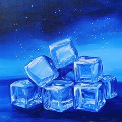 Poster - Ice Cubes Stacked in a Pile Still Life Painting Style Close Up Shot Blue Tones Cold Refreshing Drink Ingredient
