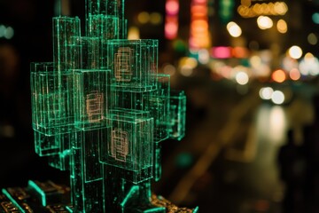 Poster - Glowing Green Cubes Abstract Cityscape Night Bokeh Shot of Artificial Intelligence Concept in Urban Environment