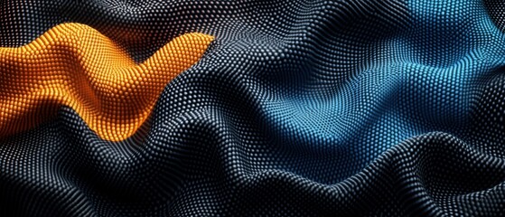 Poster - Abstract wavy surface pattern made of tiny spheres in blue, yellow, and black tones displayed.