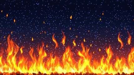 Poster - Fiery Flames Dancing Under Starry Night Sky Illustration Digital Art Fantasy Landscape Concept
