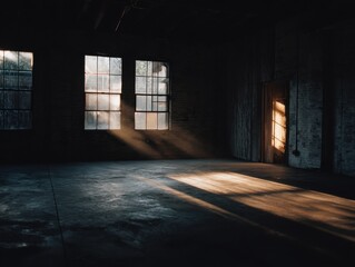 Poster - Sunlight streams through windows into empty warehouse space, creating dramatic light and shadow, industrial style, interior shot