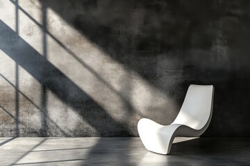 Poster - Modern White Lounge Chair in Minimalist Interior with Sunlight and Shadow Play Low Angle Studio Shot