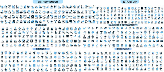 mega set entrepreneur startup business and development finance and investment icon vector for econom