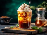 Iced caramel macchiato creation with whipped cream and mint garnish