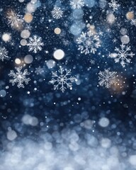 Poster - Falling Snowflakes on Blue Background Creates a Winter Wonderland Scene Bokeh Style Festive Holiday Season Backdrop