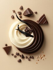 Poster - Elegant Dessert Presentation Featuring Chocolate Vanilla Swirl with Vanilla Bean and Chocolate Pieces Flat Lay