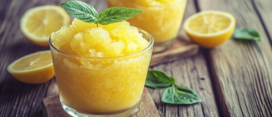 Poster - Refreshing Lemon Granita in Glass with Basil Garnish on Rustic Wood Tabletop Still Life