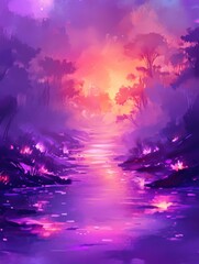 Poster - Dreamy purple landscape painting of river flowing through forest at sunset digital art style