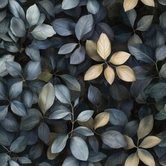 Poster - Elegant leaves pattern top-down view featuring blue and gold tones for backgrounds and wallpapers in a modern style