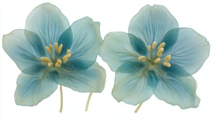 Poster - Two Delicate Blue Flowers Close Up Isolated on White Background Floral Still Life Botanical Art
