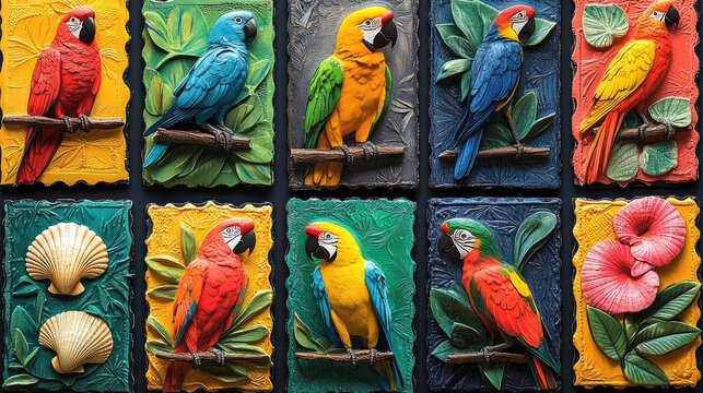 Rows of tropical summer stamps with exotic plants, parrots, and seashell patterns in bright, tropical hues
