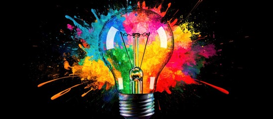 Poster - a vibrant light bulb bursts with creative energy, radiating an aura of innovation against a stark black backdrop, symbolizing brilliance and imagination