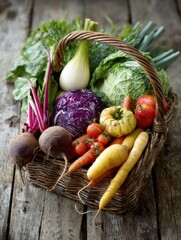 Poster - Fresh Harvest of Organic Vegetables Arranged in a Rustic Basket on a Wooden Table Under Natural Light