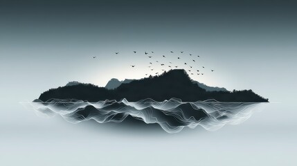 Wall Mural - Serene Island Landscape  Minimalist Mountain  Birds  Water Art Print
