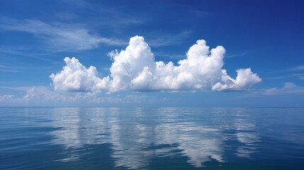 Poster - Serene sky with fluffy white clouds reflecting on calm blue ocean water, peaceful and tranquil atmosphere, perfect for relaxation or meditation