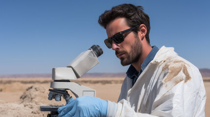 Poster - Scientist man wearing sunglasses and gloves examines sample with microscope in dry desert field station, focused and determined under clear blue sky