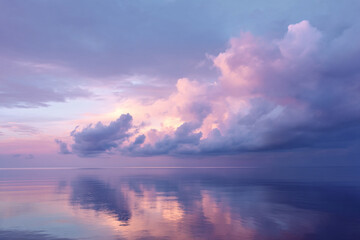 Poster - Pink and purple clouds reflect on calm ocean water at sunset, creating tranquil and dreamy atmosphere with soft light and serene sky