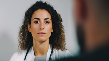 Aufkleber - Female doctor stethoscope curly hair white coat consulting patient serious healthcare medical professional hospital clinic adult woman focus medicine diagnosis treatment confident listening