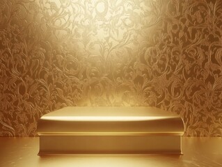 Poster - Golden platform display against floral wallpaper background showcasing luxury and elegance in a studio setting offering a stage for product presentation