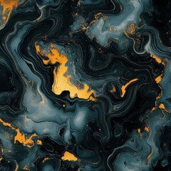 Poster - Abstract Fluid Art with Gold Accents in Dark Teal and Black Swirls Top-Down View Elegant Design