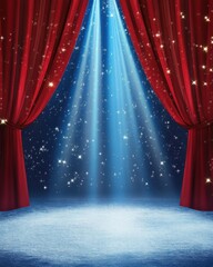 Poster - Stage with Red Curtains and Magical Light Beams Background Theater Performance Backdrop Spotlight Show