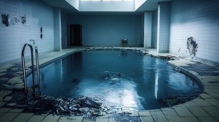 Aufkleber - Abandoned indoor swimming pool urban location photography industrial environment dark mood desolation theme